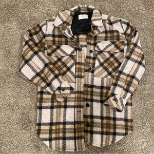 AYR Big Mood 100% Wool Womens Shacket Oversized Brown Neutral Plaid Button Small